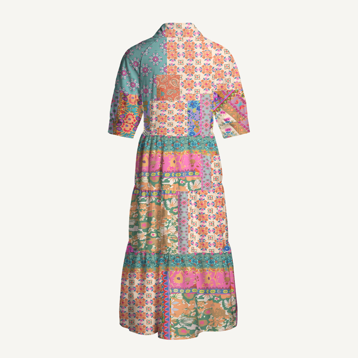 Boho Inspired Floral Patchwork Elbow-Length Sleeve Midi Dress