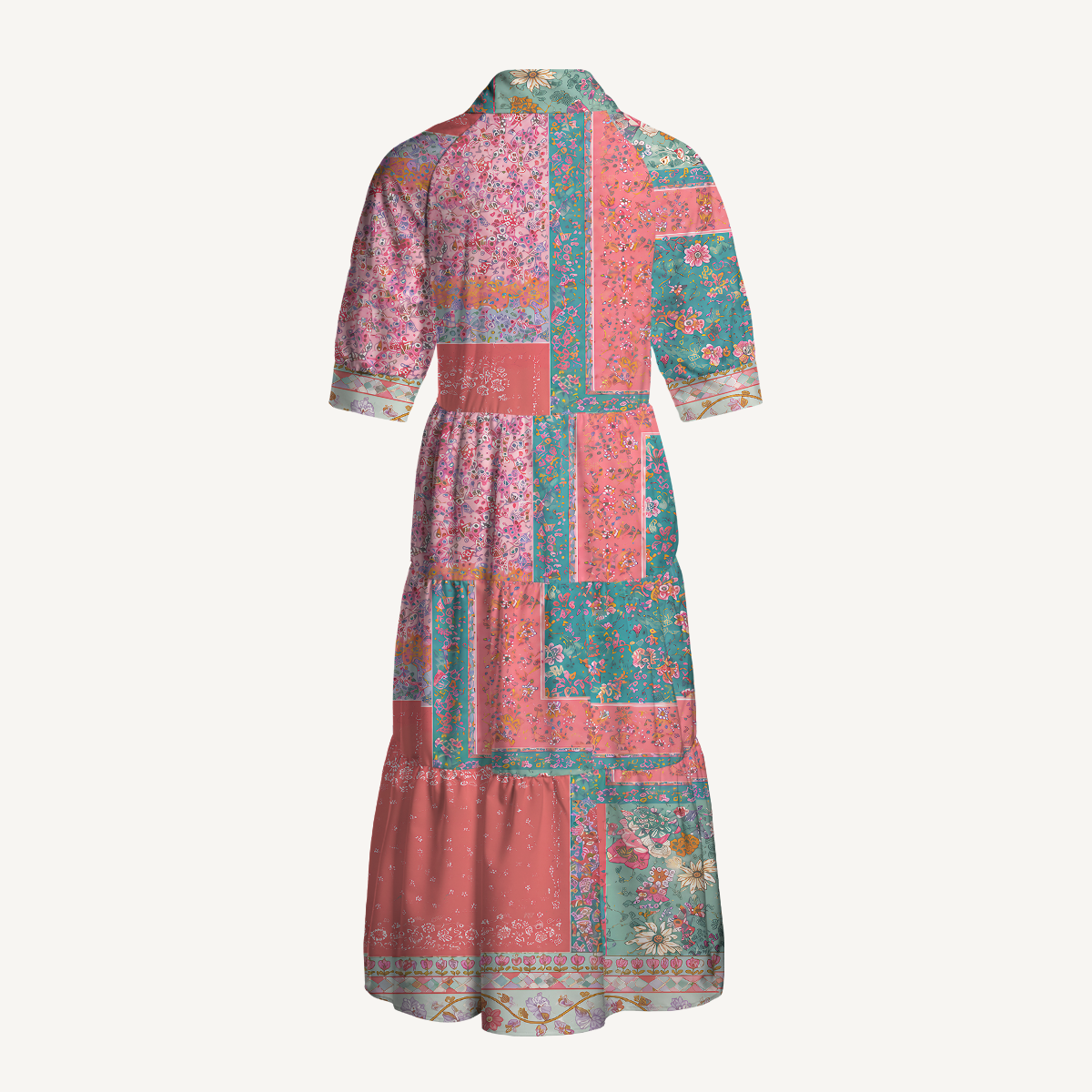 Coral Patchwork Garden Floral Elbow-Length Sleeve Midi Dress