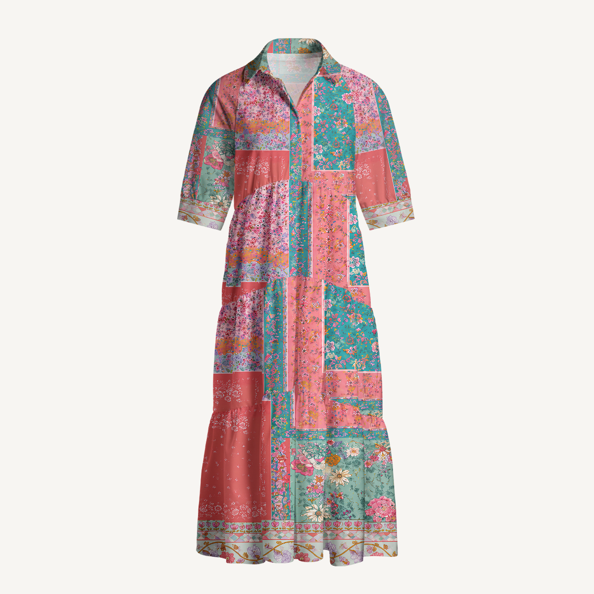 Coral Patchwork Garden Floral Elbow-Length Sleeve Midi Dress