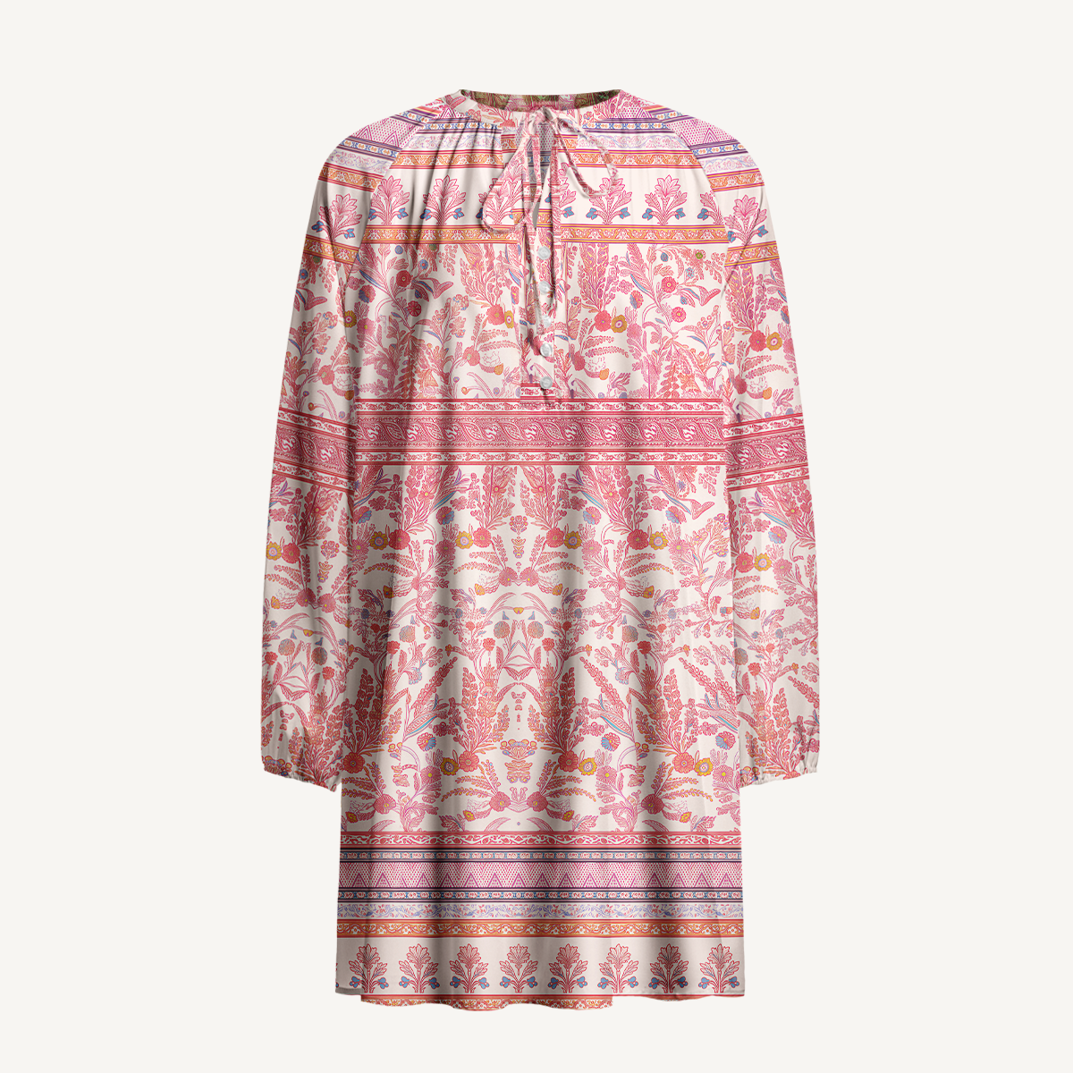 Rosewood Vintage Garden Tie‑Neck Vacation Mini Dress 