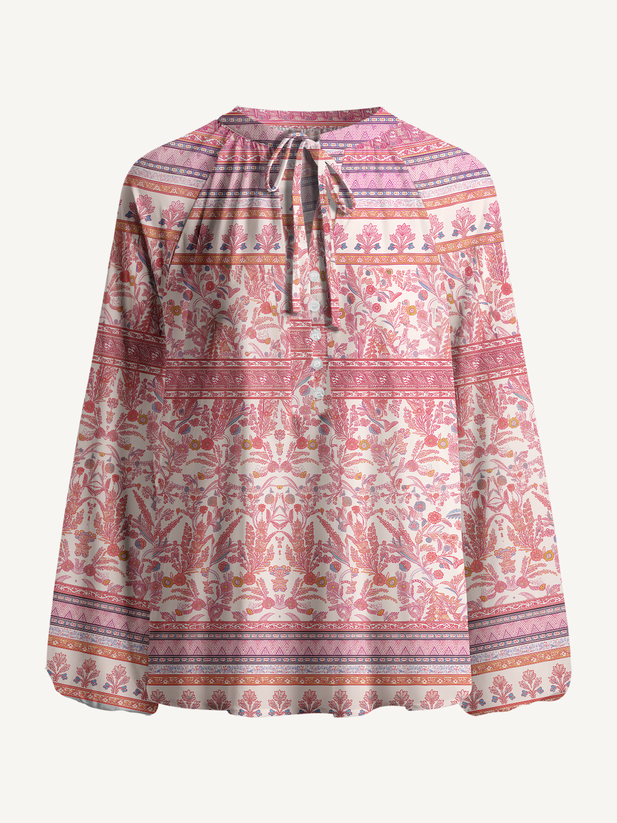 Rosewood Vintage Garden Print Boho Long Sleeve Tie‑Neck Blouse