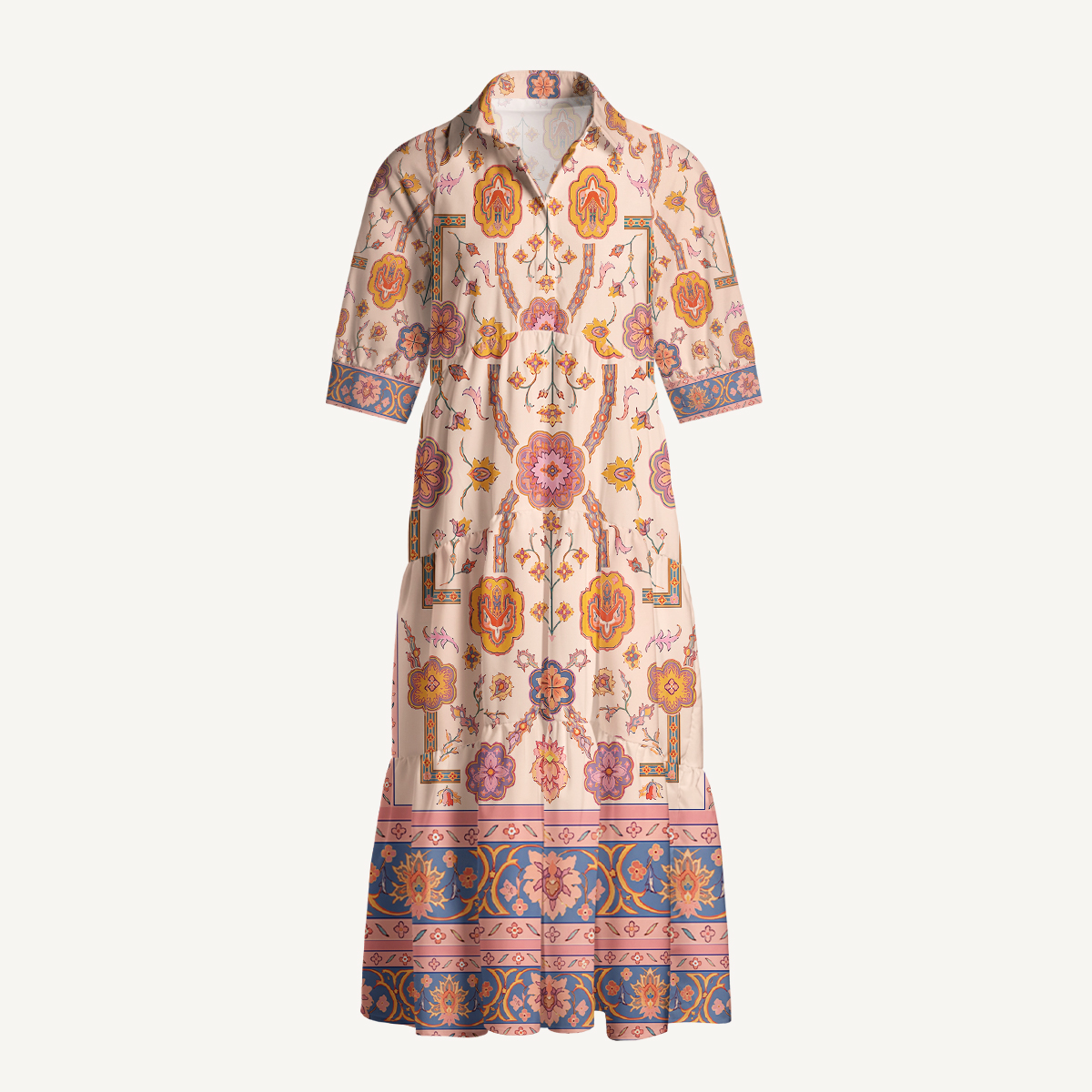 Boho Inspired Symmetrical Floral Elbow-Length Sleeve Midi Dress For Women