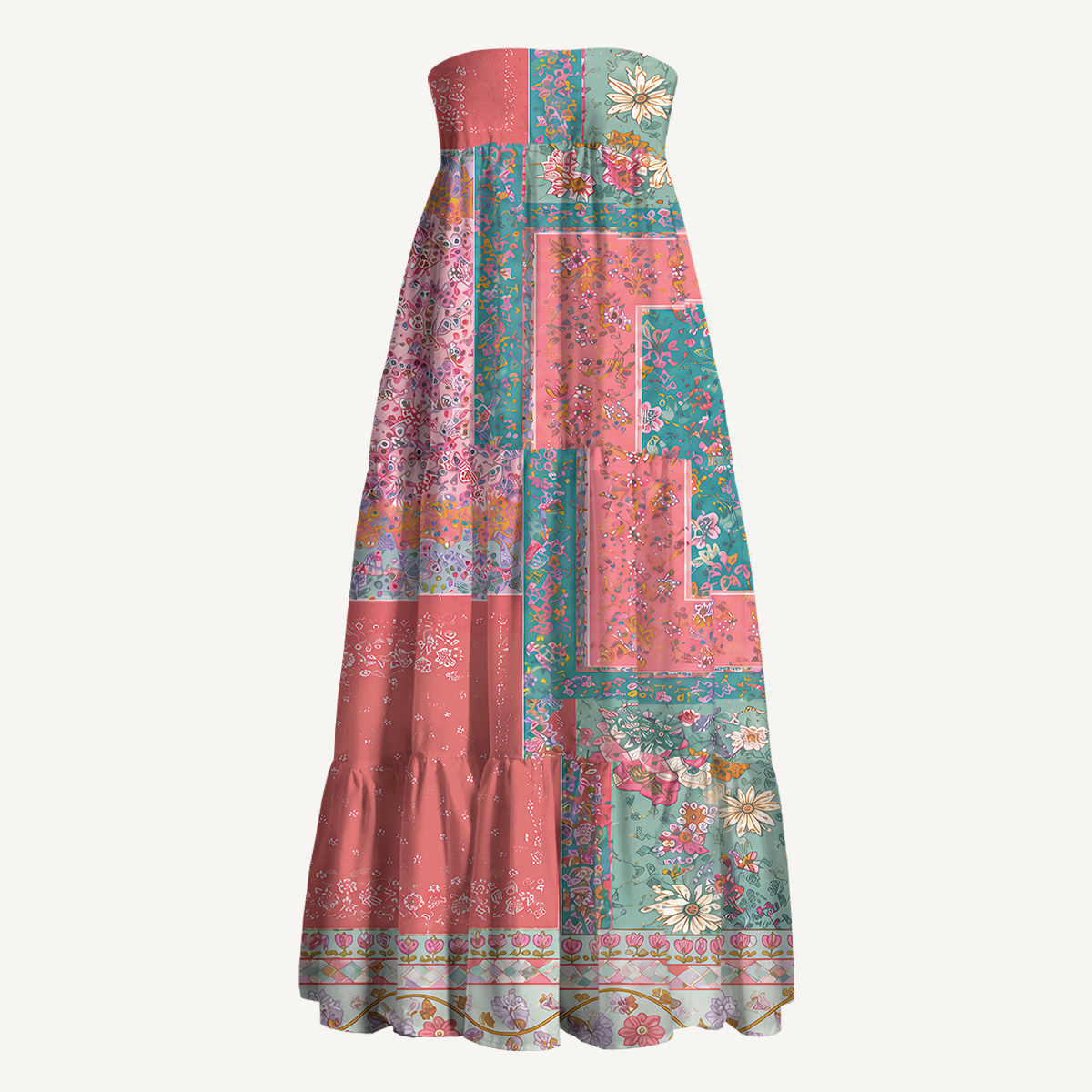 Coral Patchwork Garden Print Convertible Maxi Skirt & Strapless Dress