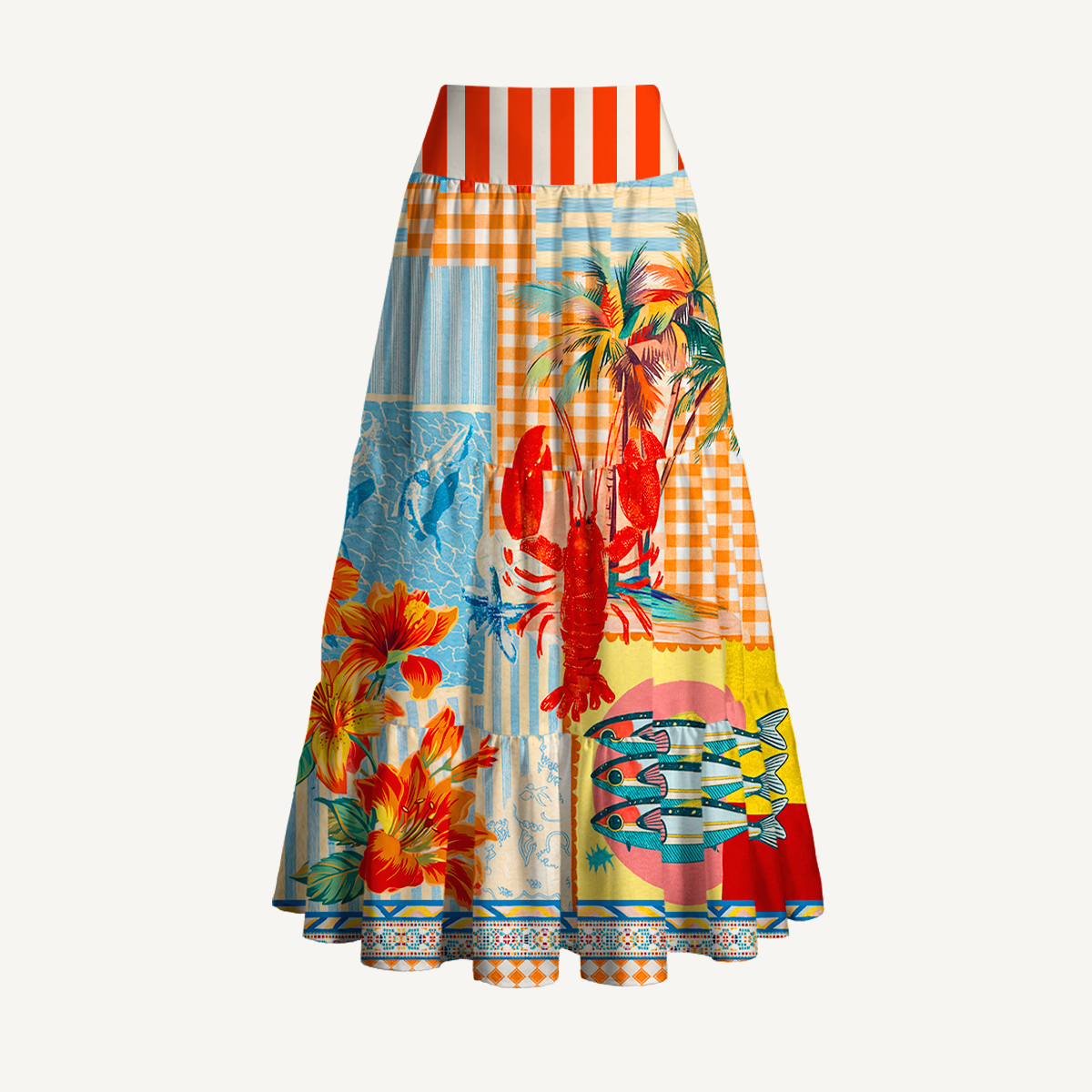 Tropical Lobster Patchwork Maxi Skirt & Strapless Dress  