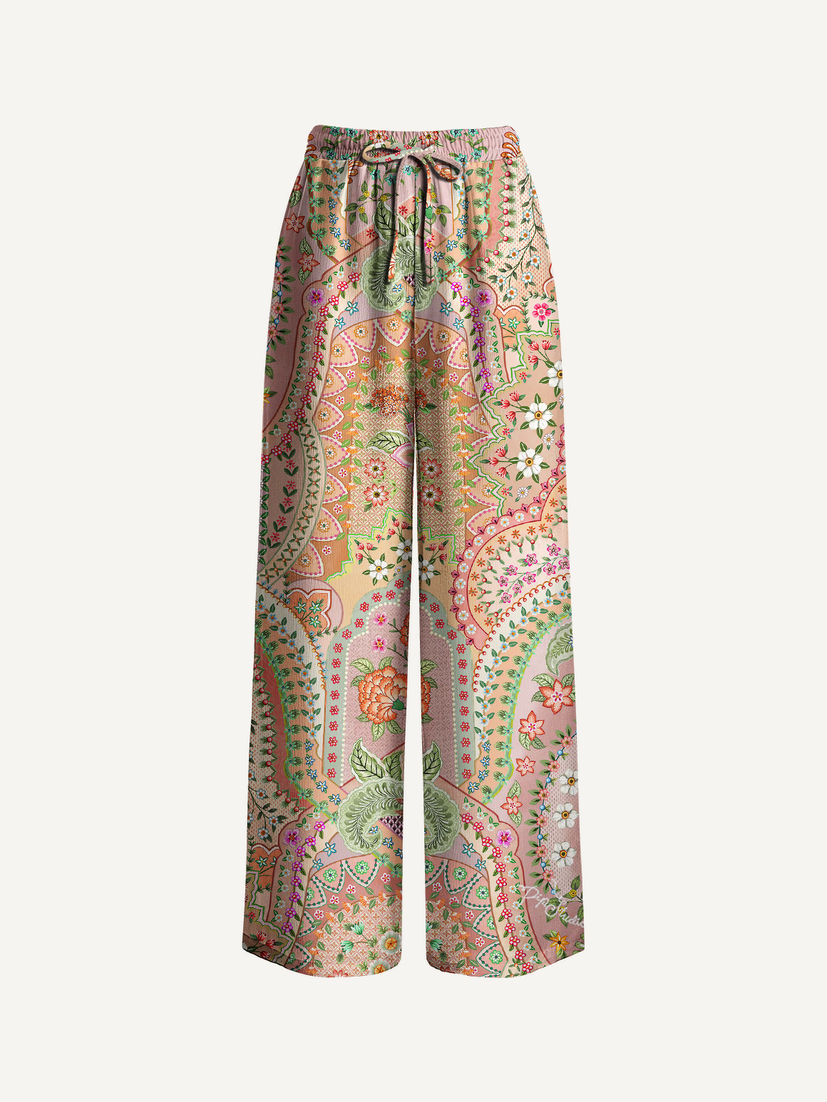 Patchwork Mandala Floral Wide Leg Tie Waist Pants With Pockets
