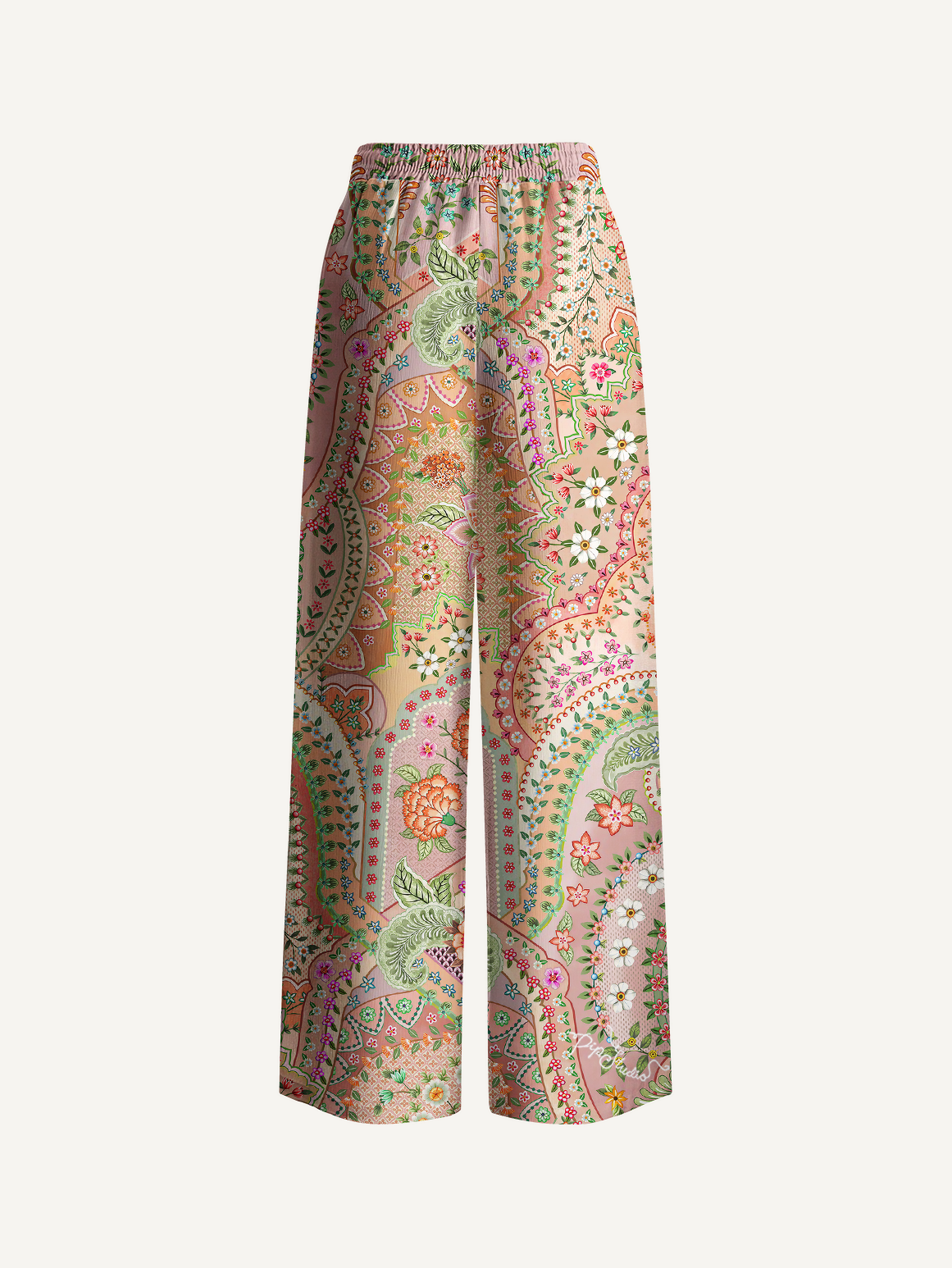 Patchwork Mandala Floral Wide Leg Tie Waist Pants With Pockets