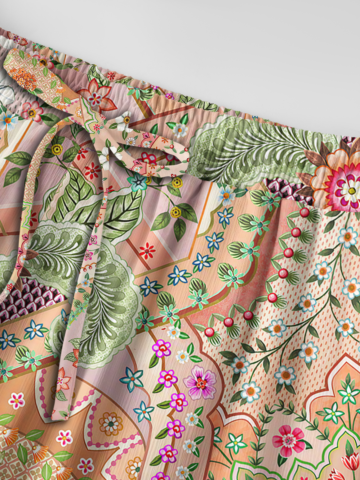 Patchwork Mandala Floral Wide Leg Tie Waist Pants With Pockets