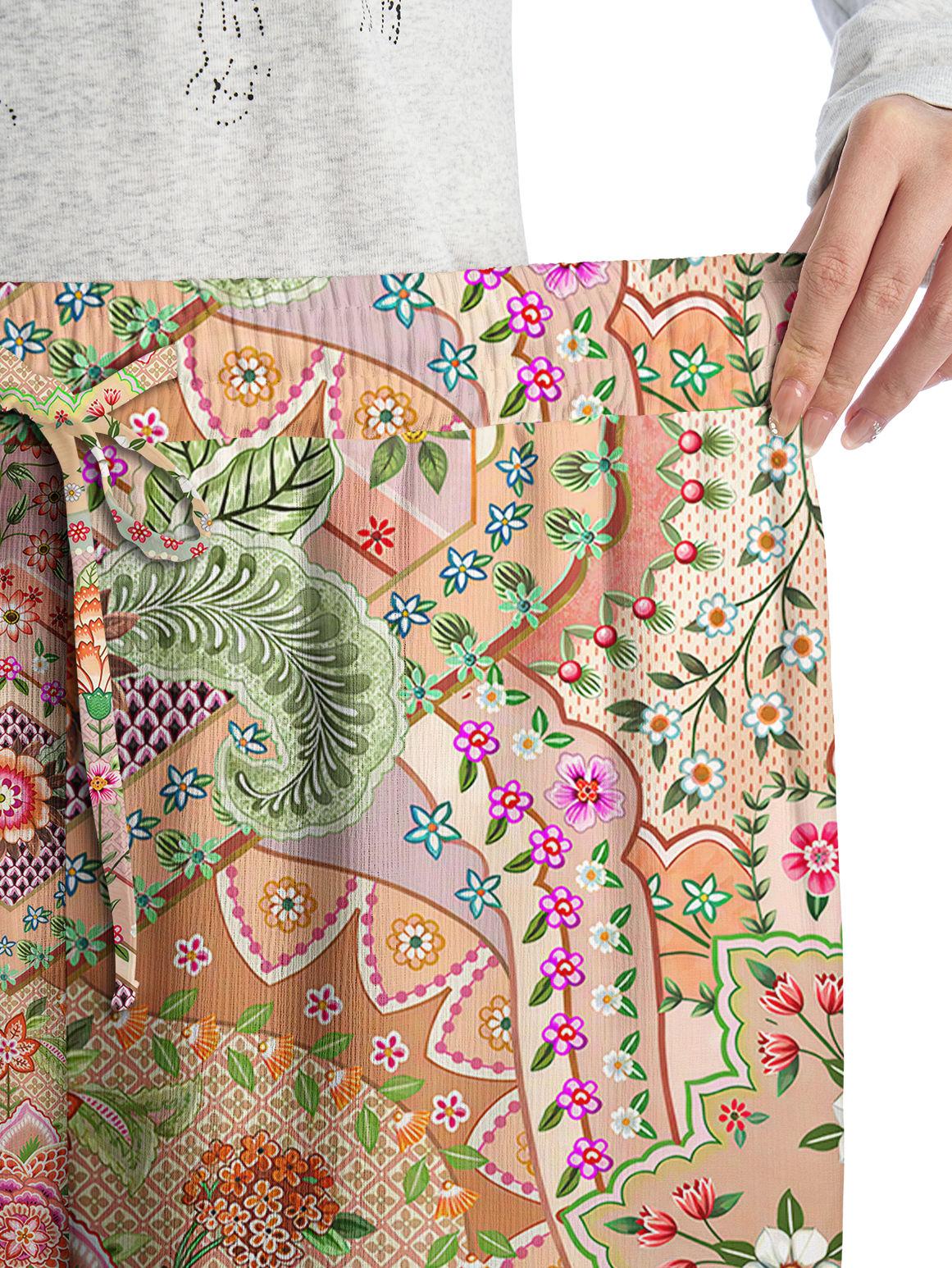 Patchwork Mandala Floral Wide Leg Tie Waist Pants With Pockets
