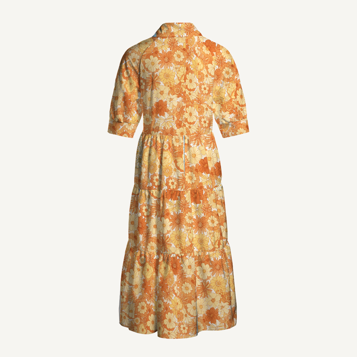 Retro Orange Floral Bloom Elbow-Length Sleeve Women Midi Dress
