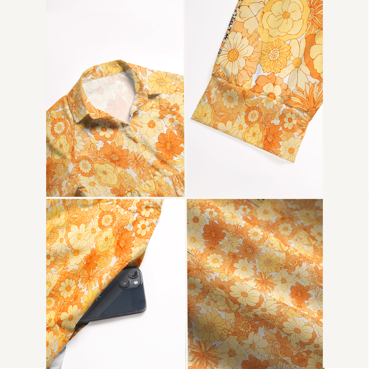 Retro Orange Floral Bloom Elbow-Length Sleeve Women Midi Dress