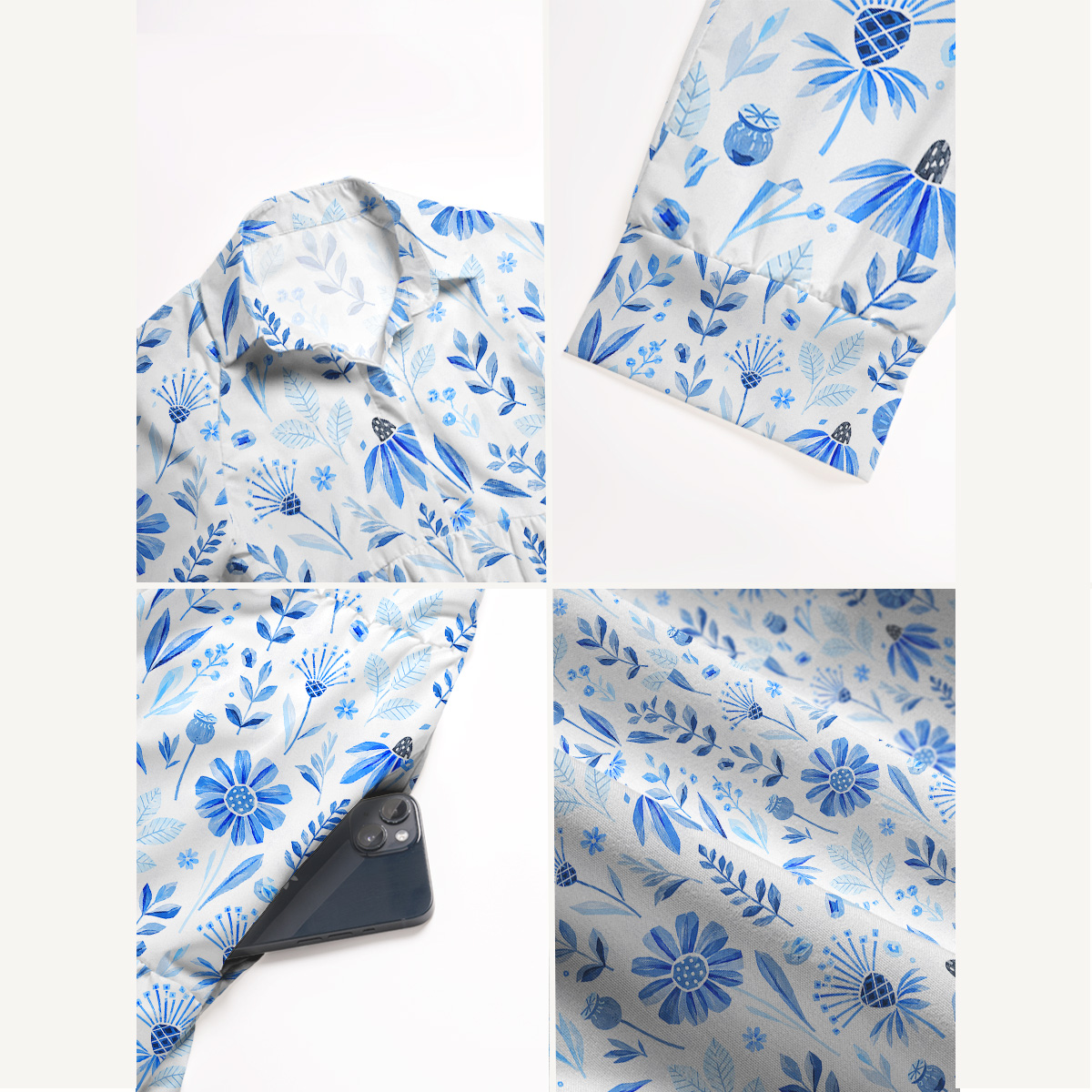 Blue Garden Bloom Elbow-Length Sleeve Midi Dress