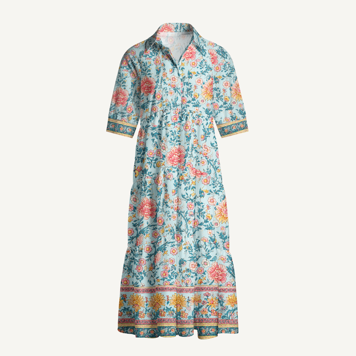 Boho Inspired Floral Border Elbow-Length Sleeve Midi Dress