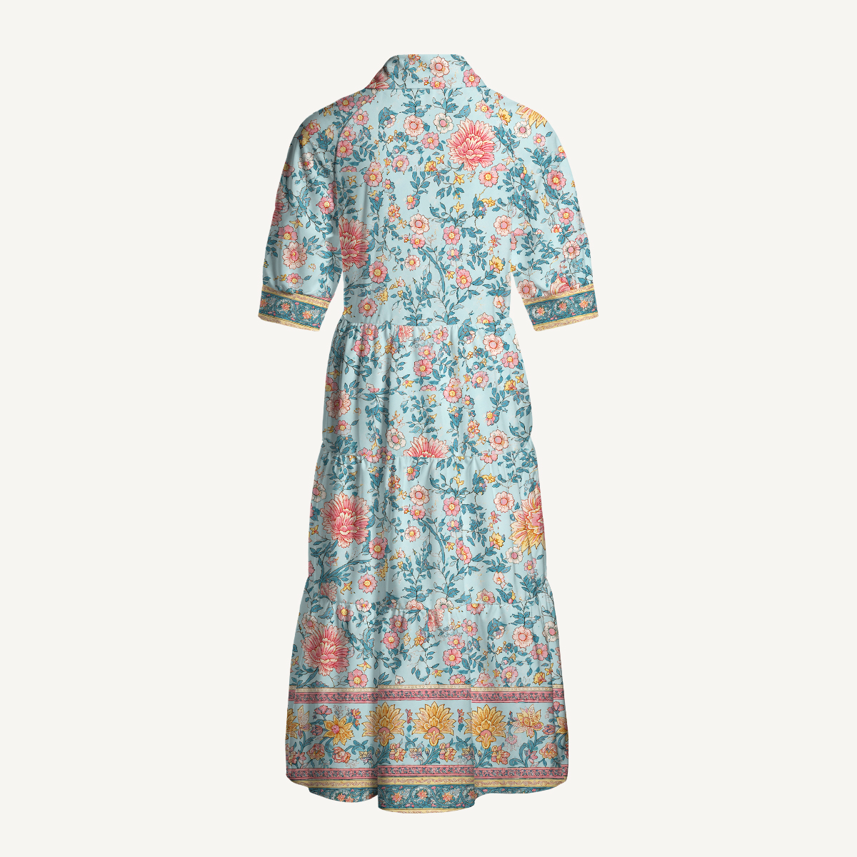 Boho Inspired Floral Border Elbow-Length Sleeve Midi Dress