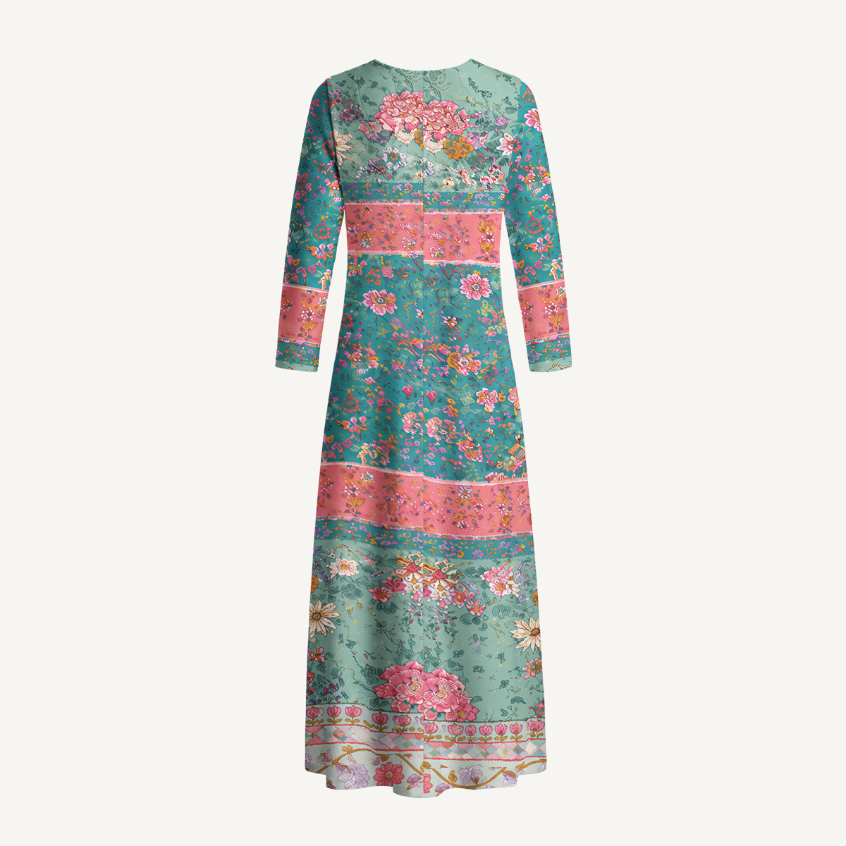 Coral Patchwork Garden Print Soft-Touch Stretch Knit Long Sleeve Maxi Dress with Pockets