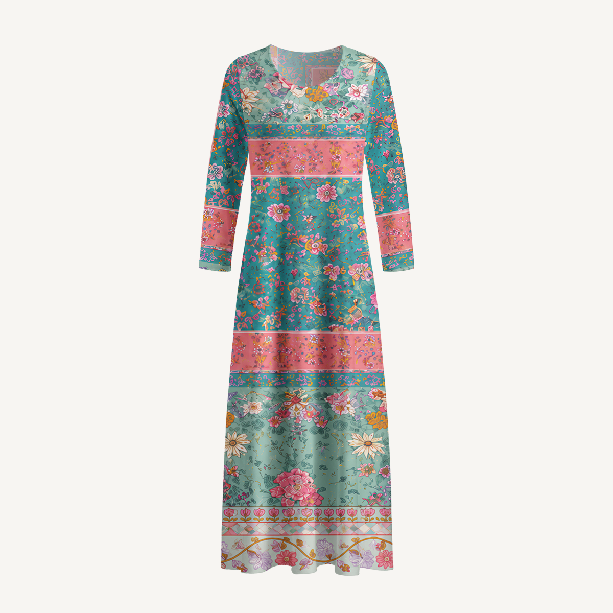 Coral Patchwork Garden Print Soft-Touch Stretch Knit Long Sleeve Maxi Dress with Pockets