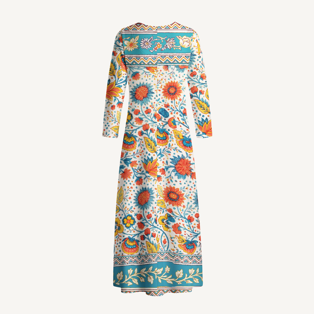 Moroccan Garden Pattern Soft-Touch Stretch Knit Long Sleeve Maxi Dress with Pockets