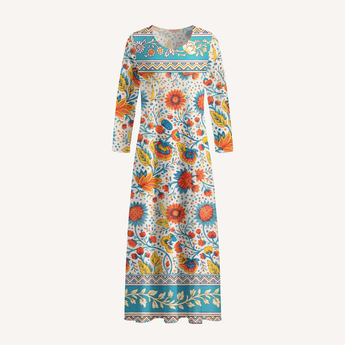 Moroccan Garden Pattern Soft-Touch Stretch Knit Long Sleeve Maxi Dress with Pockets