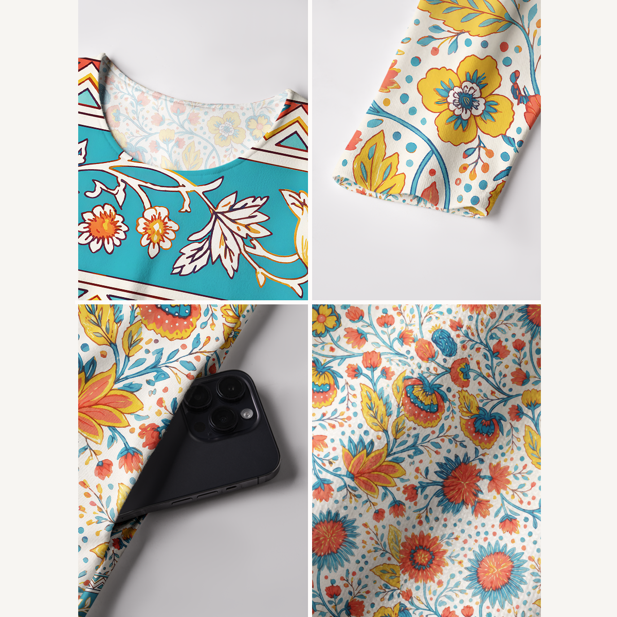 Moroccan Garden Pattern Soft-Touch Stretch Knit Long Sleeve Maxi Dress with Pockets