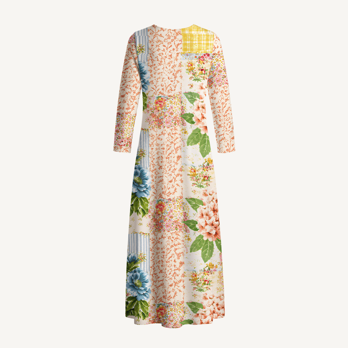Vintage Cottage Garden Quilt Print Soft-Touch Stretch Knit Long Sleeve Maxi Dress with Pockets