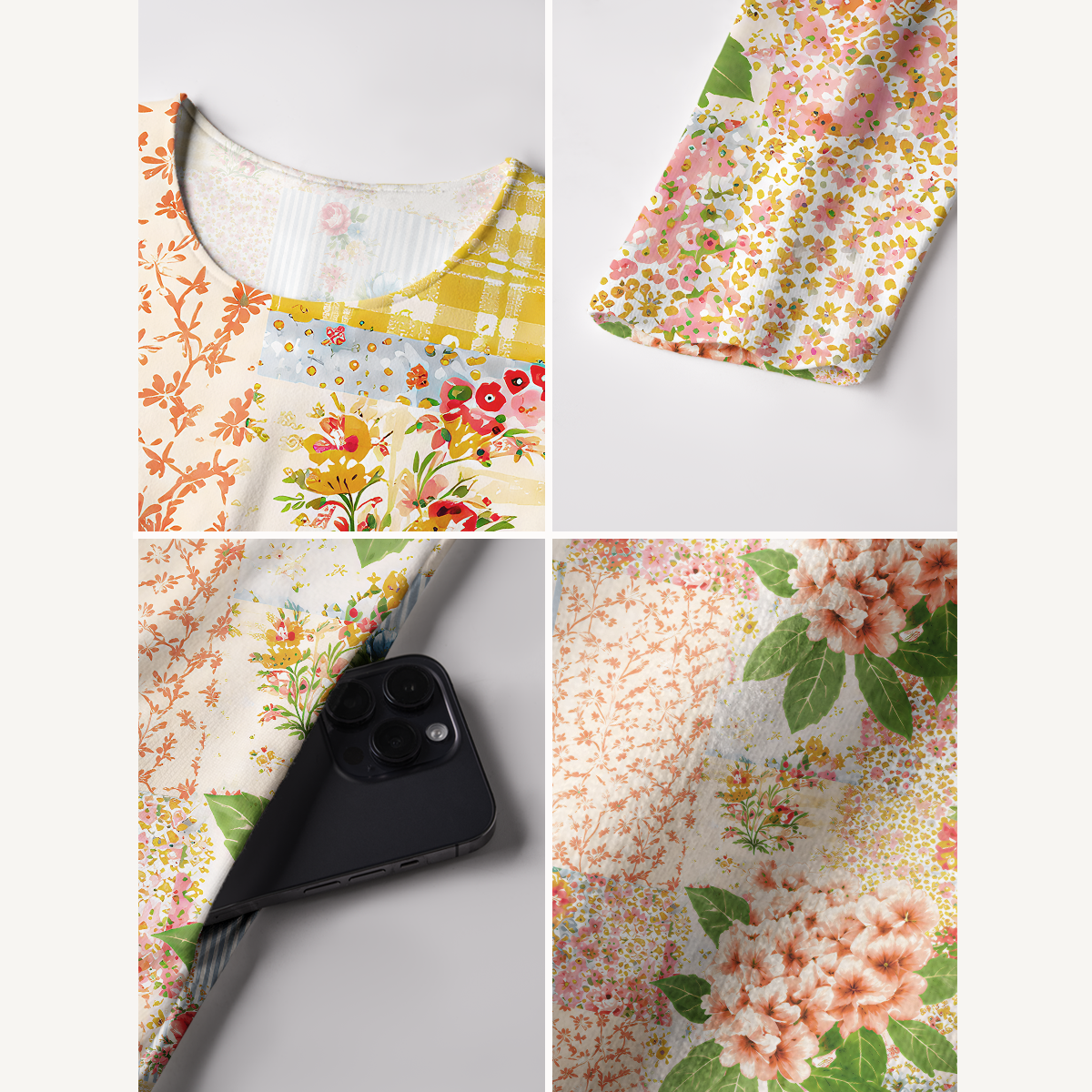 Vintage Cottage Garden Quilt Print Soft-Touch Stretch Knit Long Sleeve Maxi Dress with Pockets