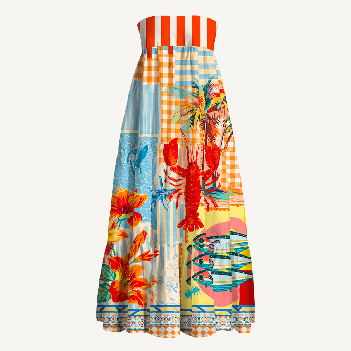 Tropical Lobster Patchwork Maxi Skirt & Strapless Dress  
