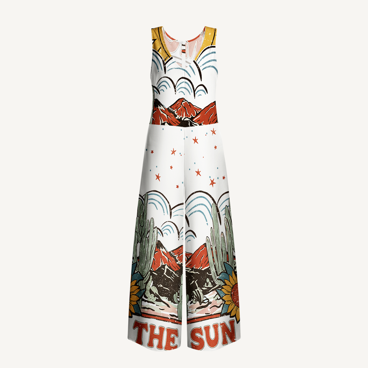 Western Sun & Cact Jumpsuit with Pockets for Women