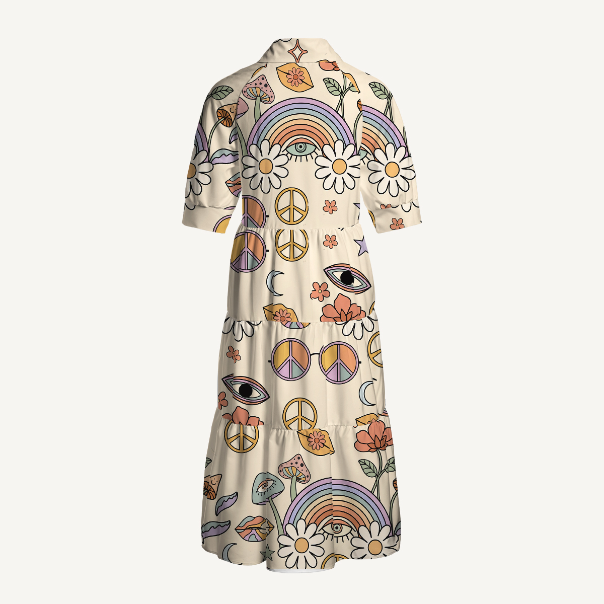 Groovy Hippie Floral Eye Elbow-Length Sleeve Summer Midi Dress