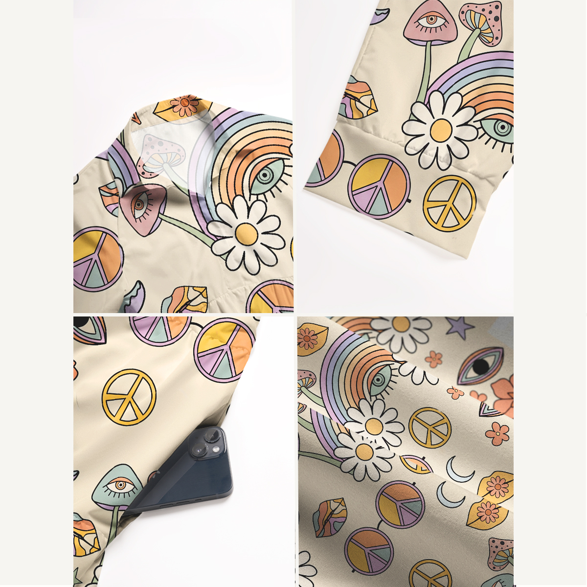 Groovy Hippie Floral Eye Elbow-Length Sleeve Summer Midi Dress