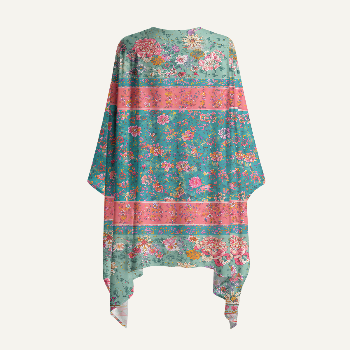 Coral Patchwork Garden Print Kimono Wrap