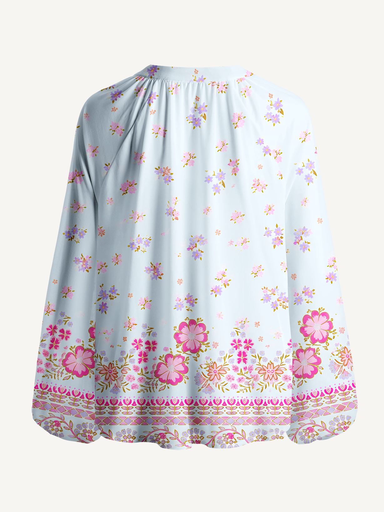 Pink Petal Cascade Pattern Boho Long Sleeve Tie‑Neck Blouse