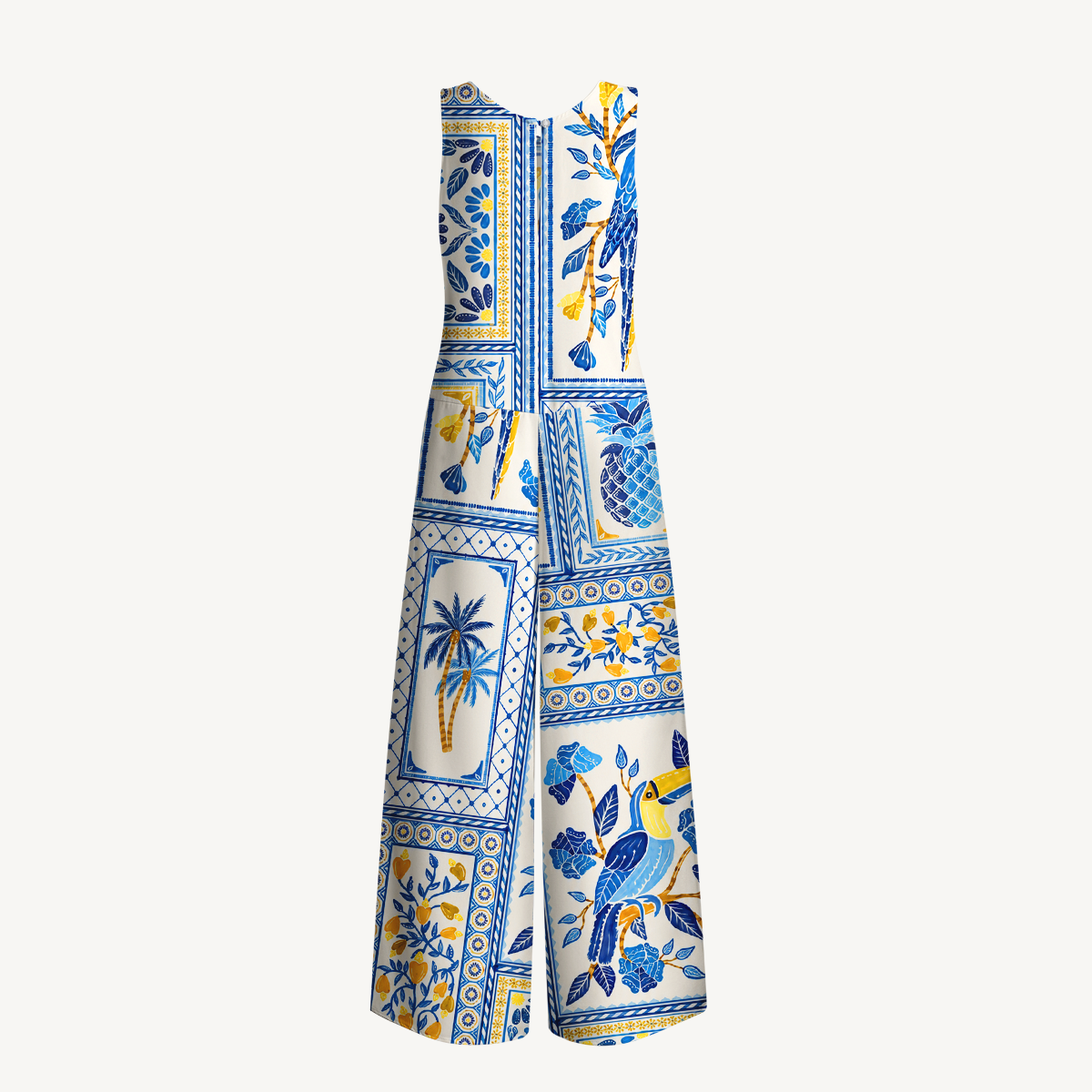 Blue Tropical Tile Jumpsuit with Pockets for Women