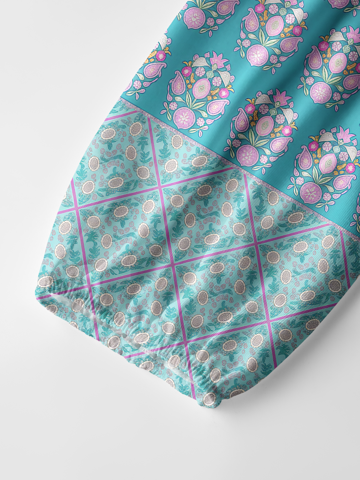 Pink Rose and Geometric Border Pattern Boho Long Sleeve Tie‑Neck Blouse