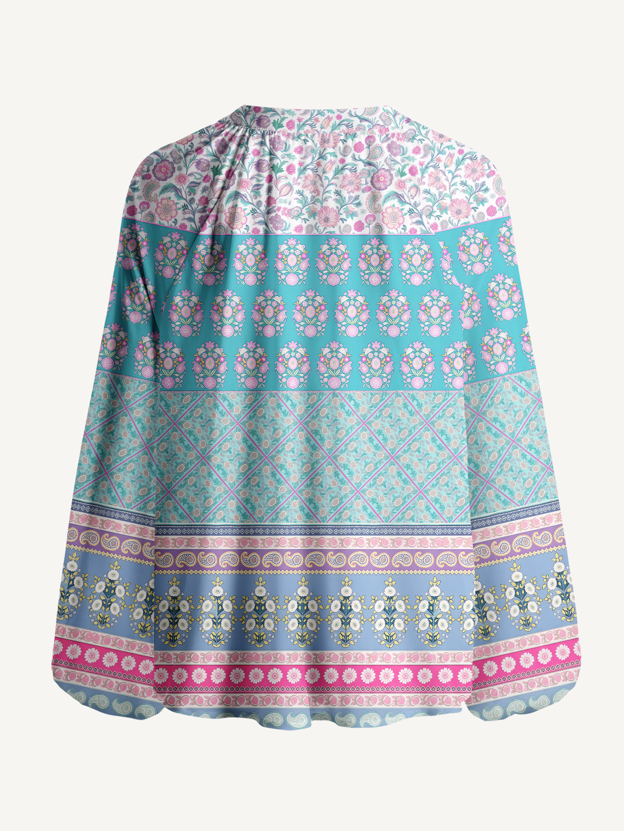 Pink Rose and Geometric Border Pattern Boho Long Sleeve Tie‑Neck Blouse