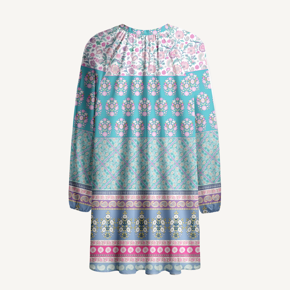Pink Rose and Geometric Border Long Sleeve Mini Dress For Women
