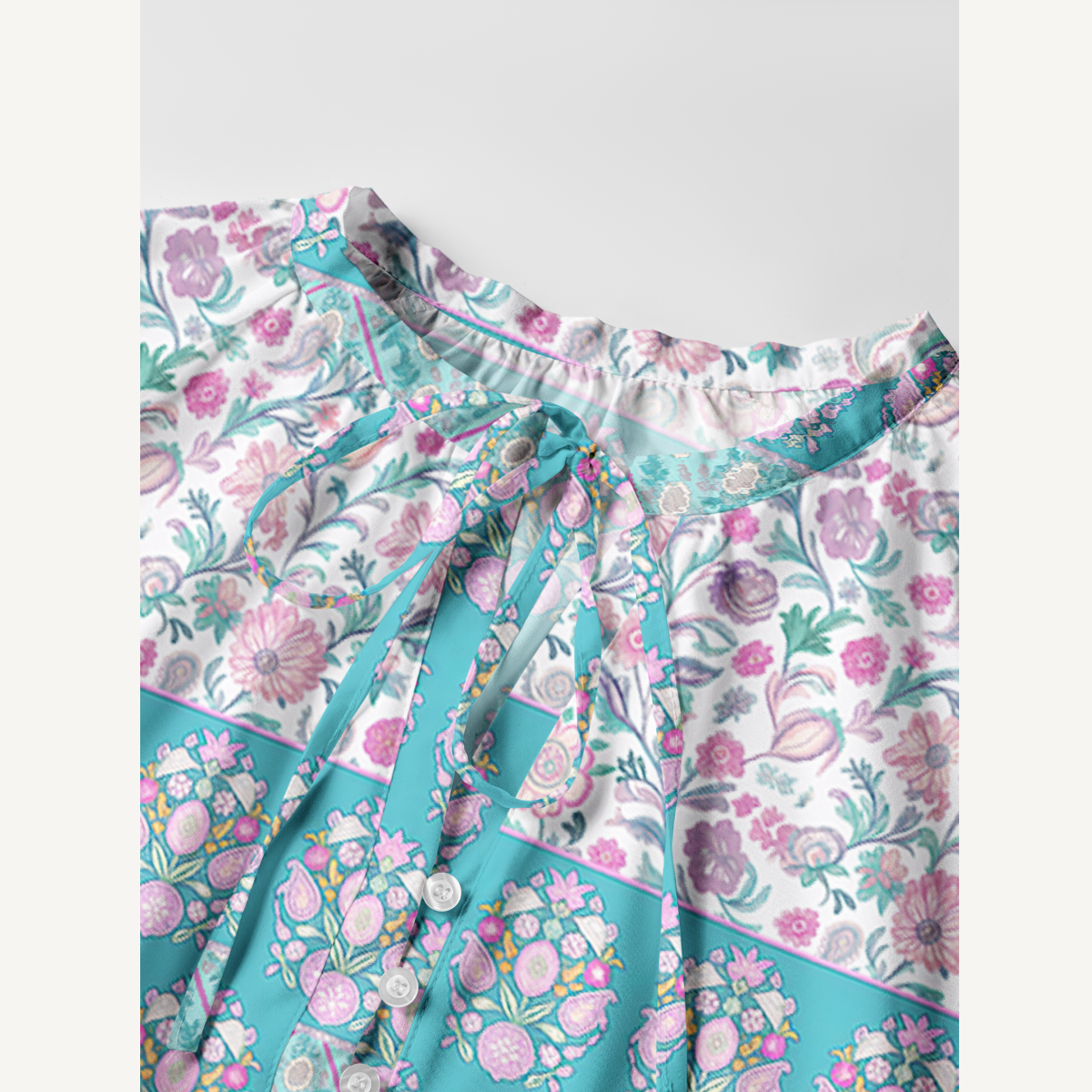 Pink Rose and Geometric Border Long Sleeve Mini Dress For Women