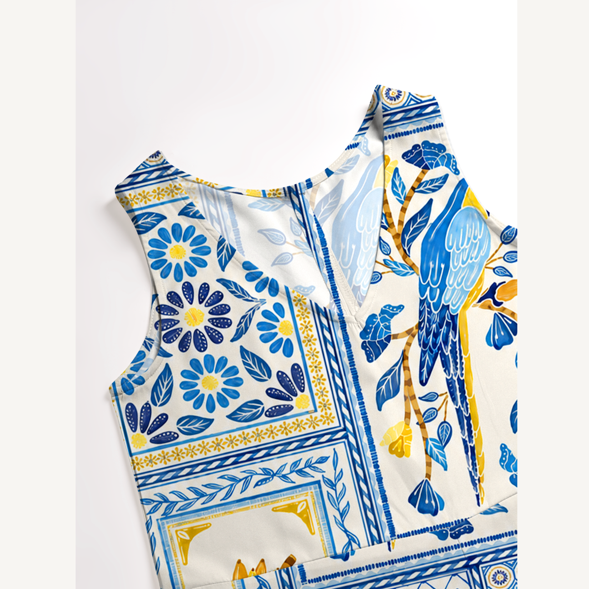 Blue Tropical Tile Jumpsuit with Pockets for Women