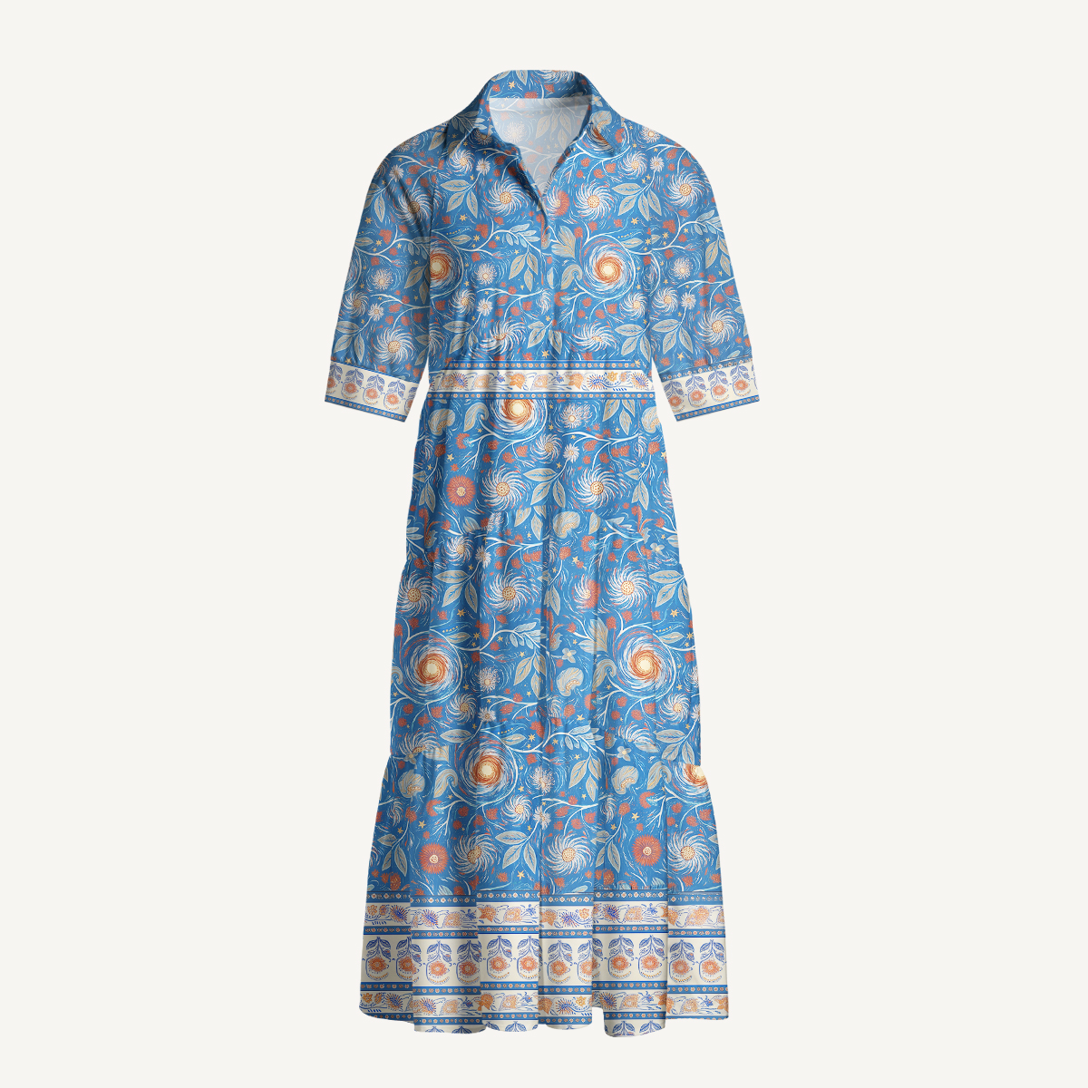 Starry Night Swirl Floral Boho Elbow-Length Sleeve Midi Dress