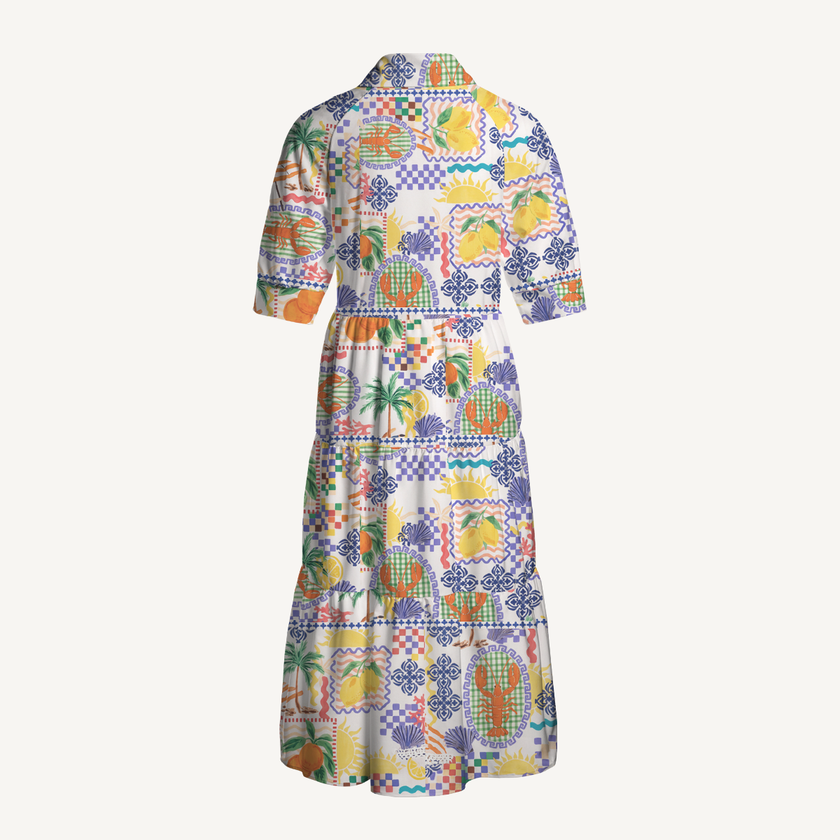 Mediterranean Floral Seaside Print Elbow-Length Sleeve Women Midi Dress With Pockets