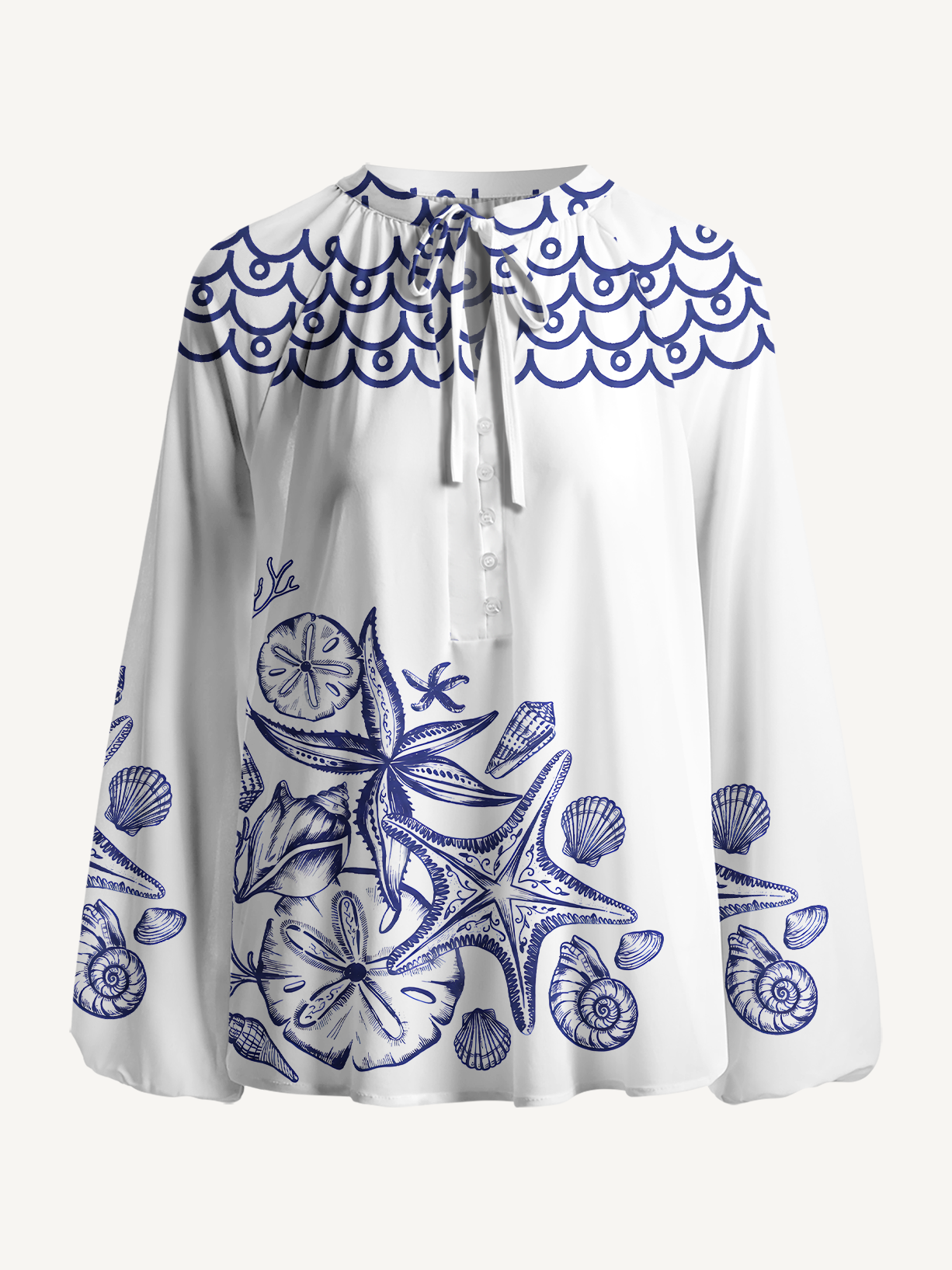 Coastal Nautical Starfish Pattern Boho Long Sleeve Tie‑Neck Blouse