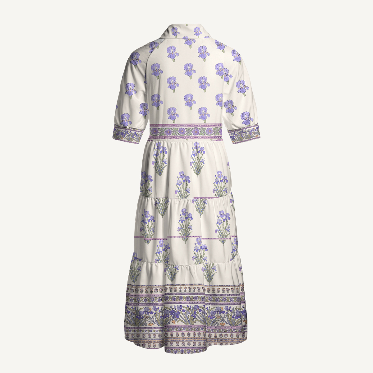 Purple Iris Botanical Border Elbow-Length Sleeve Midi Dress