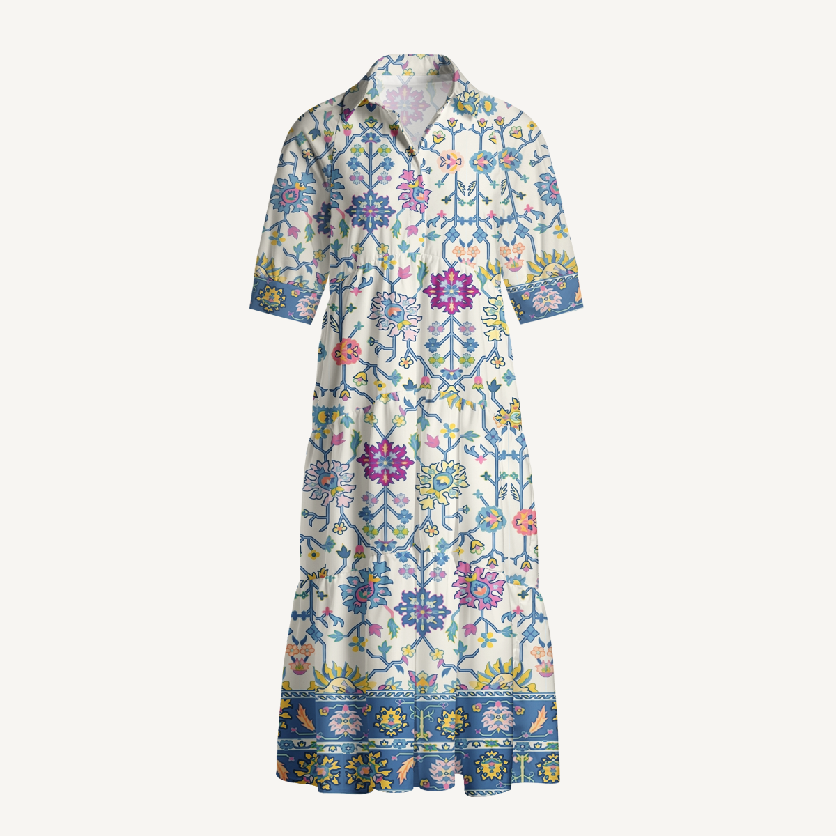Blue Floral Lattice  Elbow-Length Sleeve Midi Dress For Women