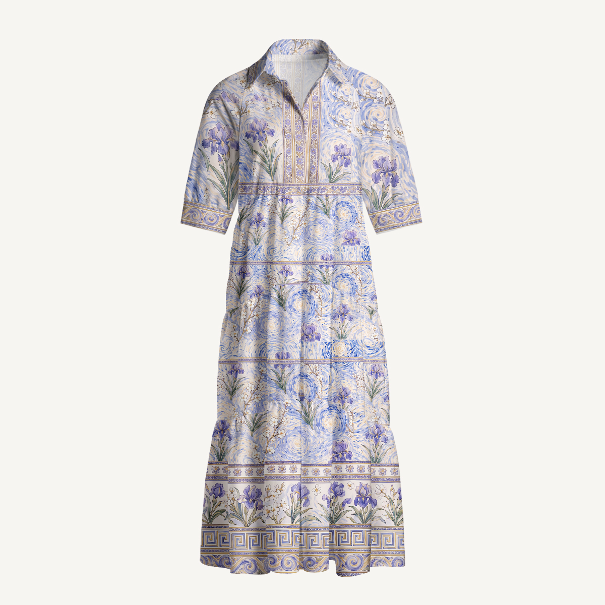 Starry Night Iris Flower Elbow-Length Sleeve Midi Dress For Women