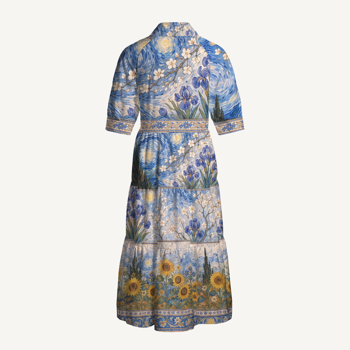 Starry Night Moonlit Garden Elbow-Length Sleeve Women Midi Dress