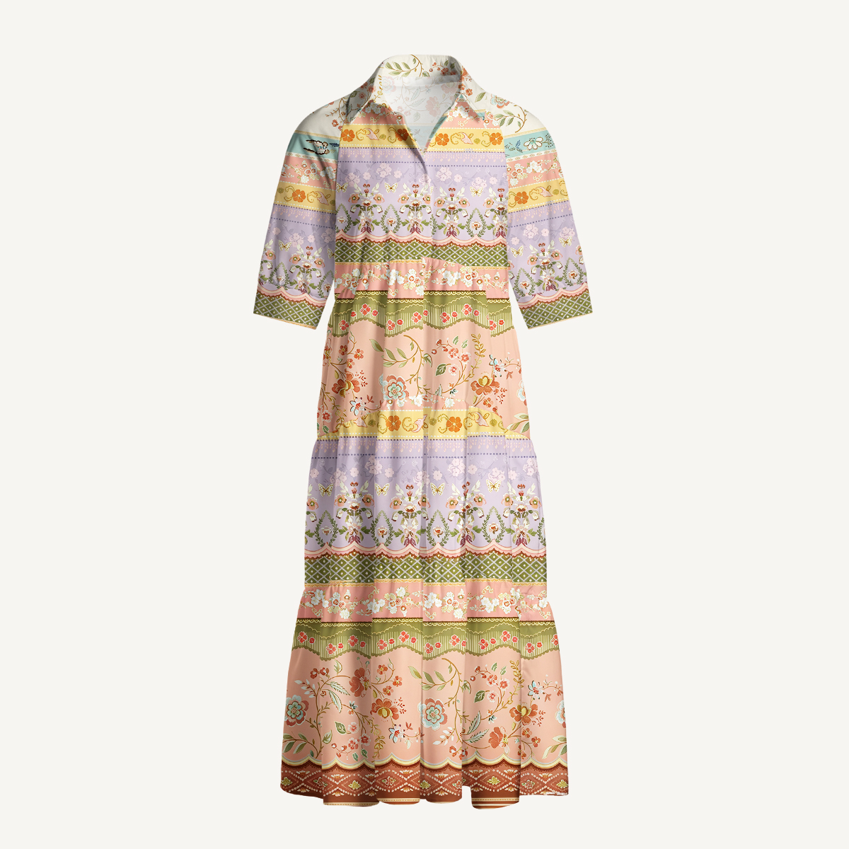 Butterfly Botanical Boho Elbow-Length Sleeve Midi Dress