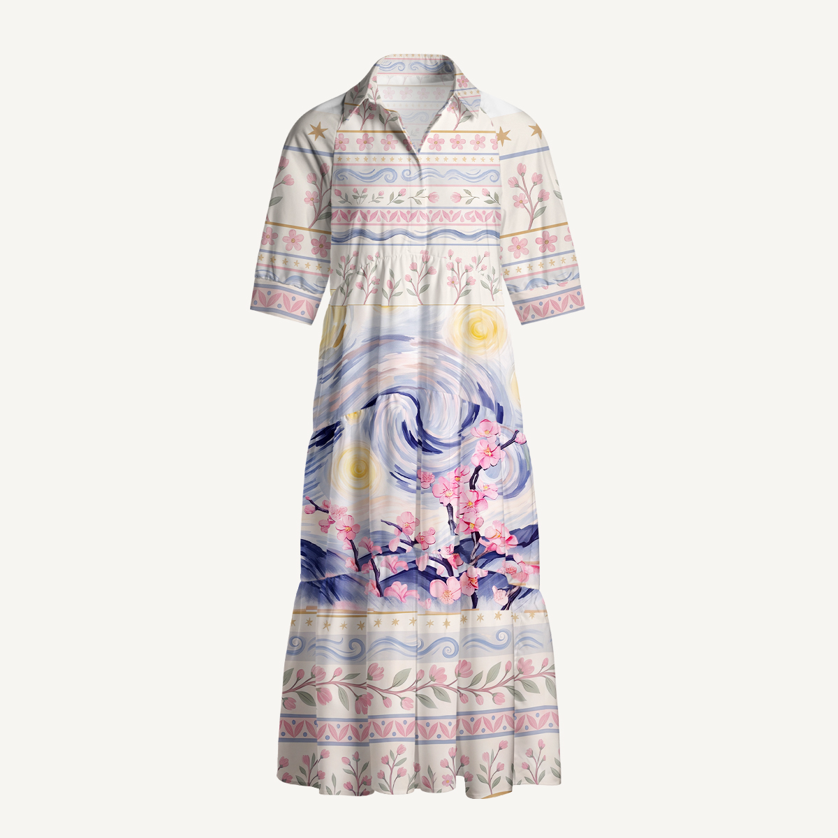 Starry Night Cherry Blossom Swirl Elbow-Length Sleeve Midi Dress
