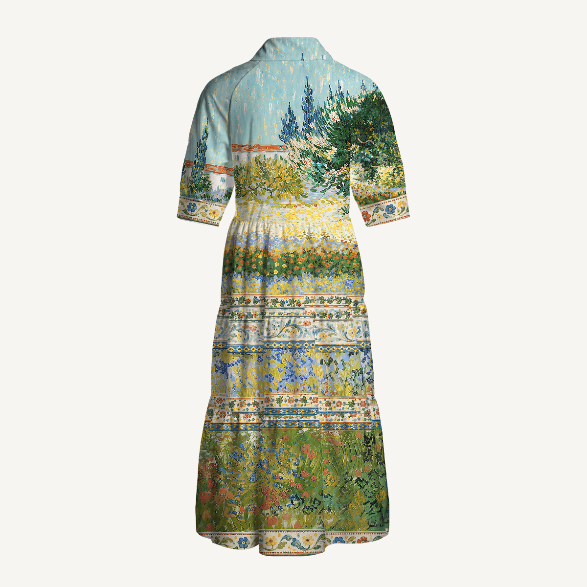 Van Gogh Garden with Flowers Elbow-Length Sleeve Midi Dress