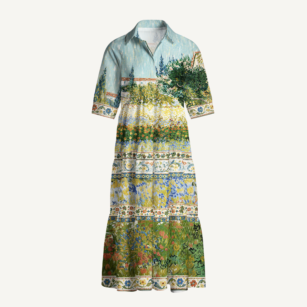 Van Gogh Garden with Flowers Elbow-Length Sleeve Midi Dress