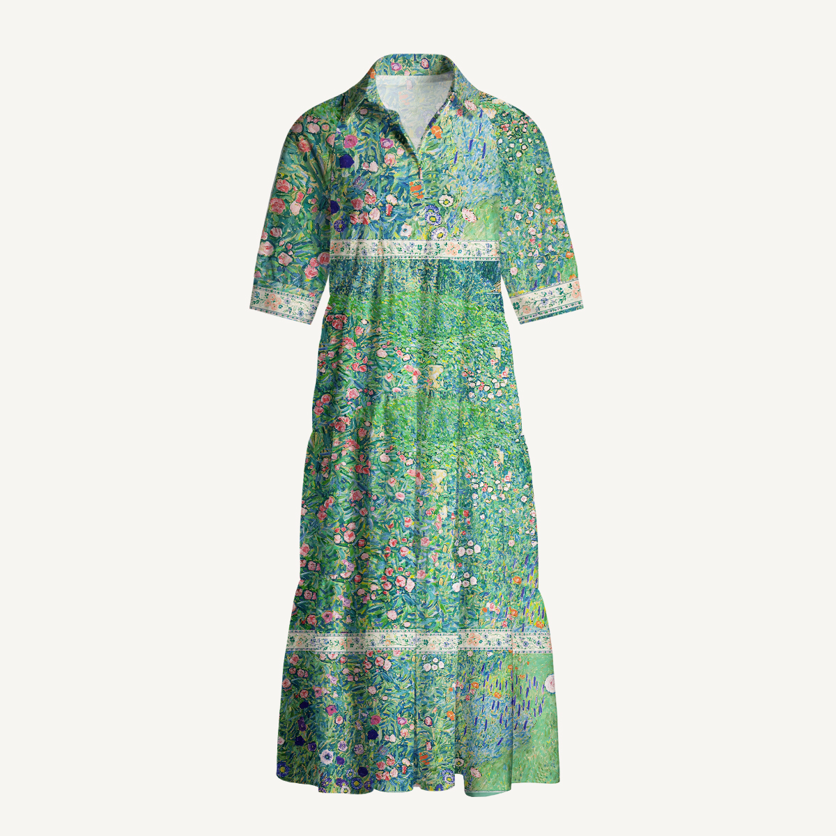 Gustav Klimt Italian Garden Landscape Elbow-Length Sleeve Midi Dress