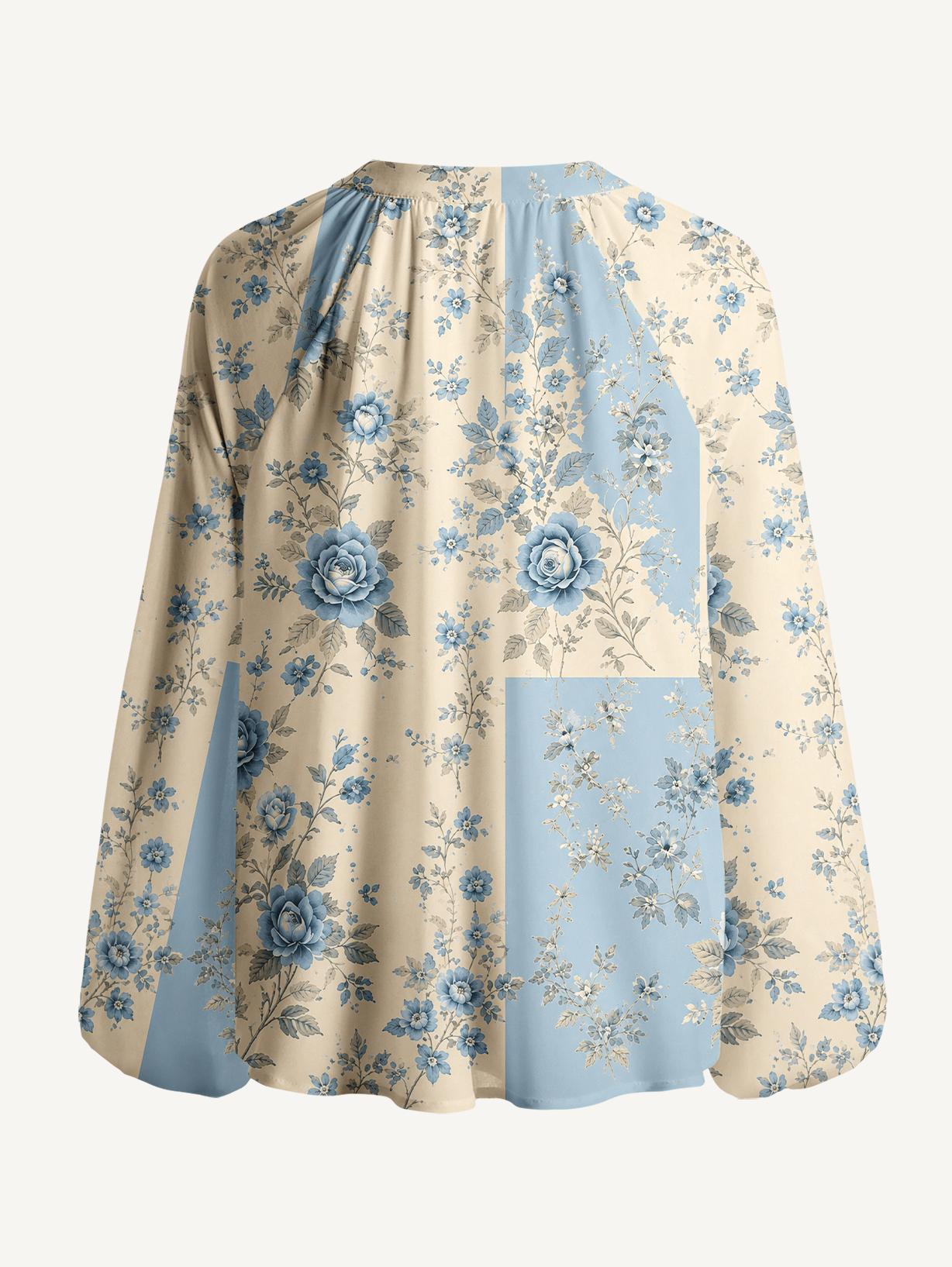 Blue Porcelain Rose Garden Boho Long Sleeve Tie‑Neck Blouse