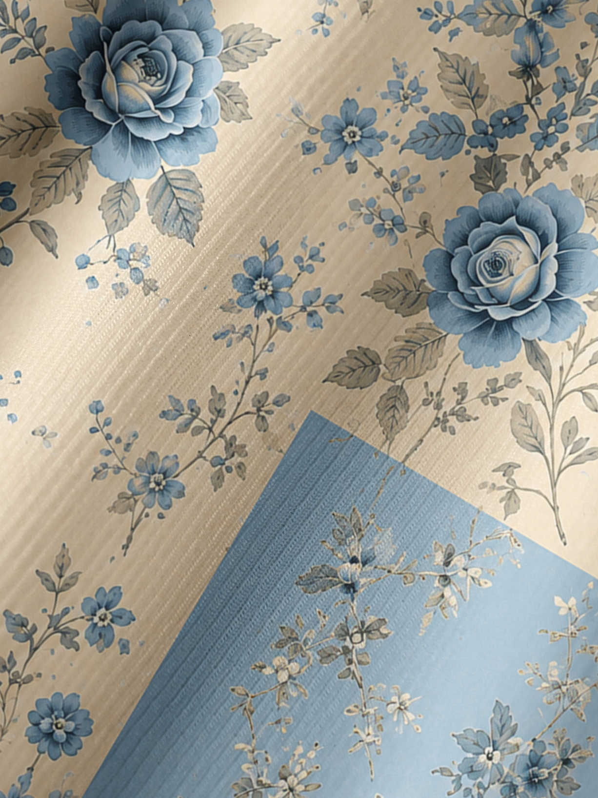 Blue Porcelain Rose Garden Boho Long Sleeve Tie‑Neck Blouse